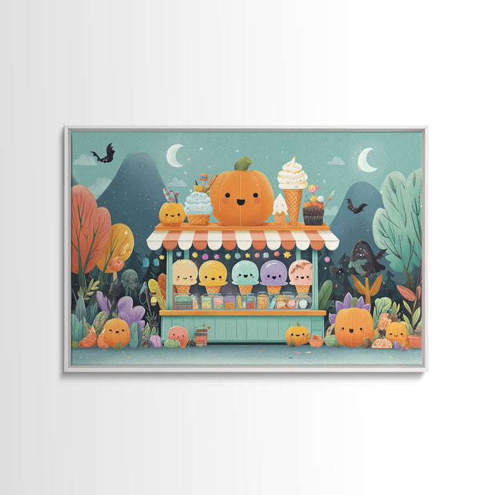 The Pumpkin Ice-Cream Stand, Vector Halloween Art, Landscape Wall Art, Framed Canvas Print, Cute Halloween Wall Art