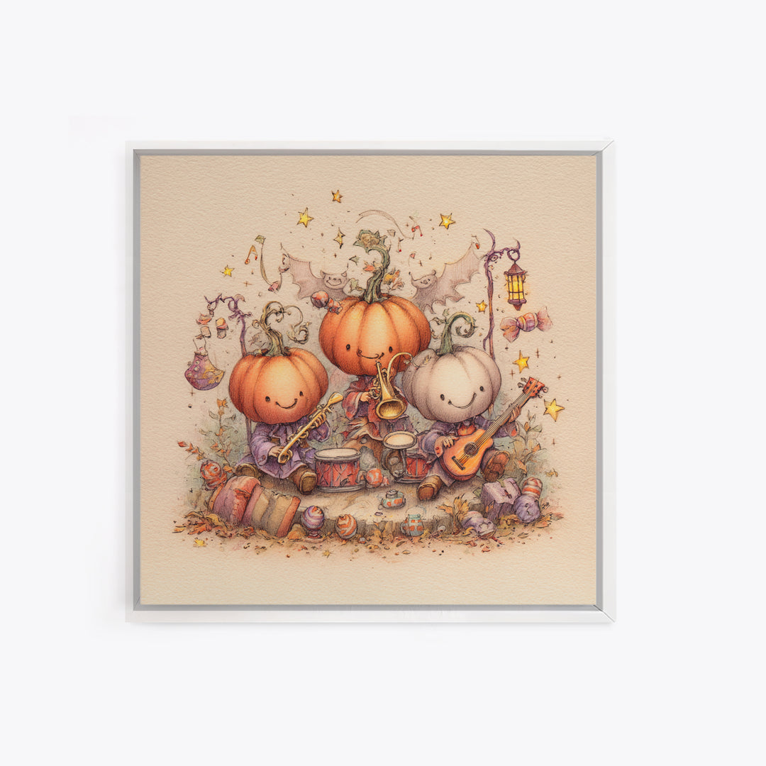 The Pumpkin Music Band, Hand Sketch Halloween Art, Square Wall Art, Canvas Print, Cute Halloween Wall Art