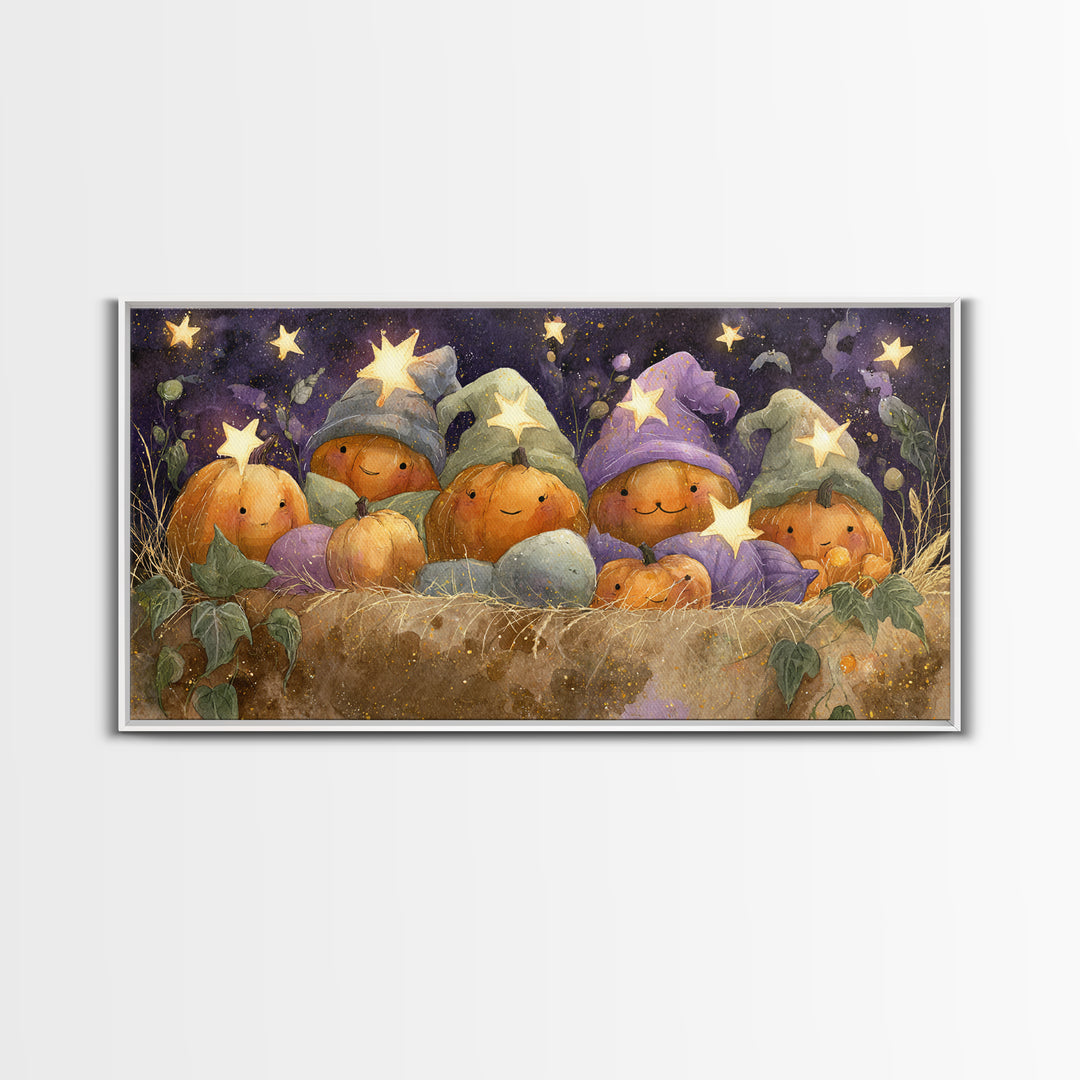 The Pumpkin Pajama Party, Watercolor Halloween Art, Wide Panoramic Art, Framed Canvas Print, Cute Halloween Wall Art