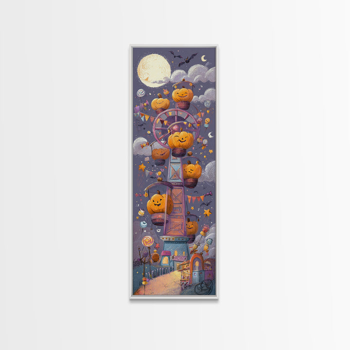 The Pumpkin Ferris Wheel, Crayon Halloween Art, Tall Narrow Wall Art, Framed Canvas Print, Cute Halloween Wall Art