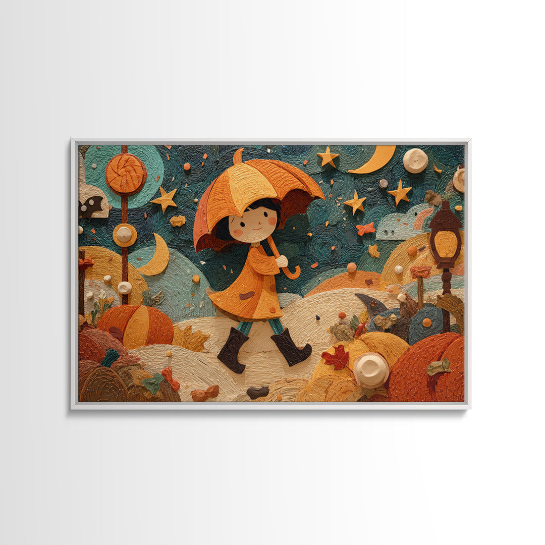 The Pumpkin Umbrella, Paper Collage Halloween, Landscape Wall Art, Framed Canvas Print, Cute Halloween Wall Art