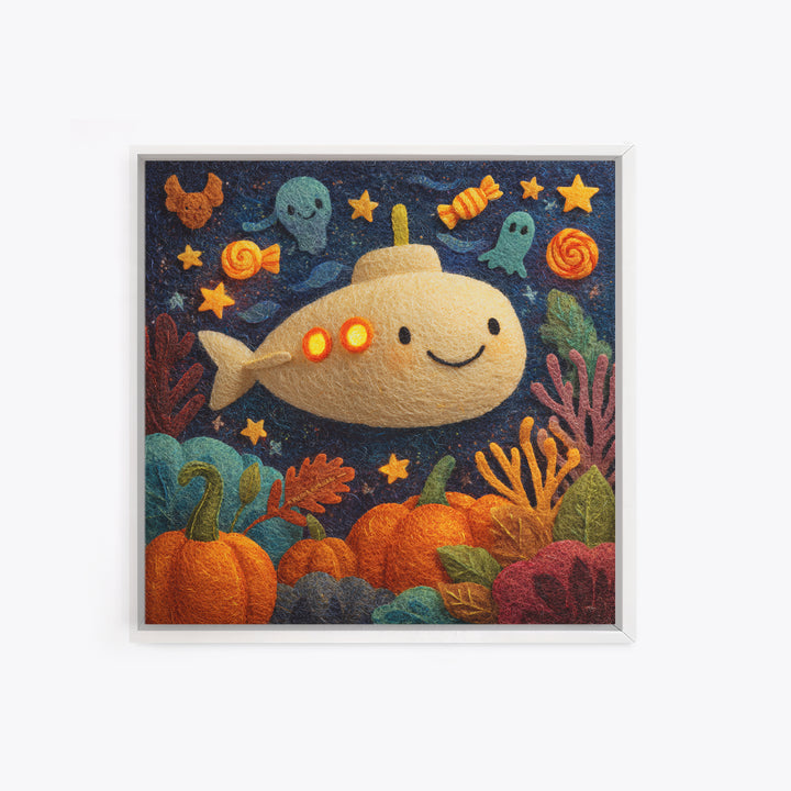 The Pumpkin Submarine, Felt Halloween Art, Square Wall Art, Canvas Print, Cute Halloween Wall Art, Halloween Kids Decor