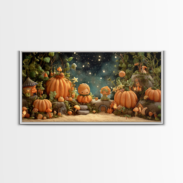 The Pumpkin Fairy Garden, Clay Halloween Art, Wide Panoramic Art, Framed Canvas Print, Cute Halloween Wall Art