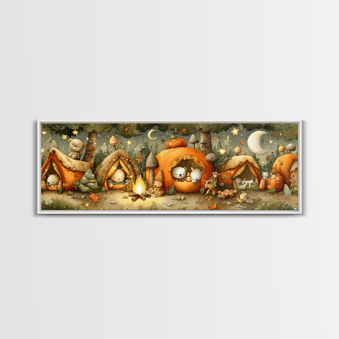 The Pumpkin Campout, Plush Halloween Art, Extra Wide Wall Art, Canvas Print, Cute Halloween Wall Art