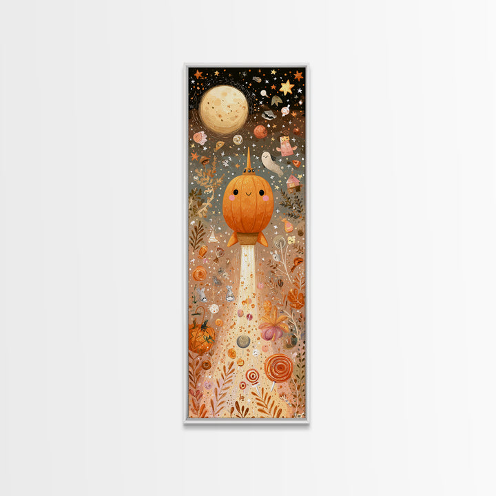 The Pumpkin Rocket Ship, Kawaii Halloween Art, Tall Narrow Wall Art, Framed Canvas Print, Cute Halloween Wall Art