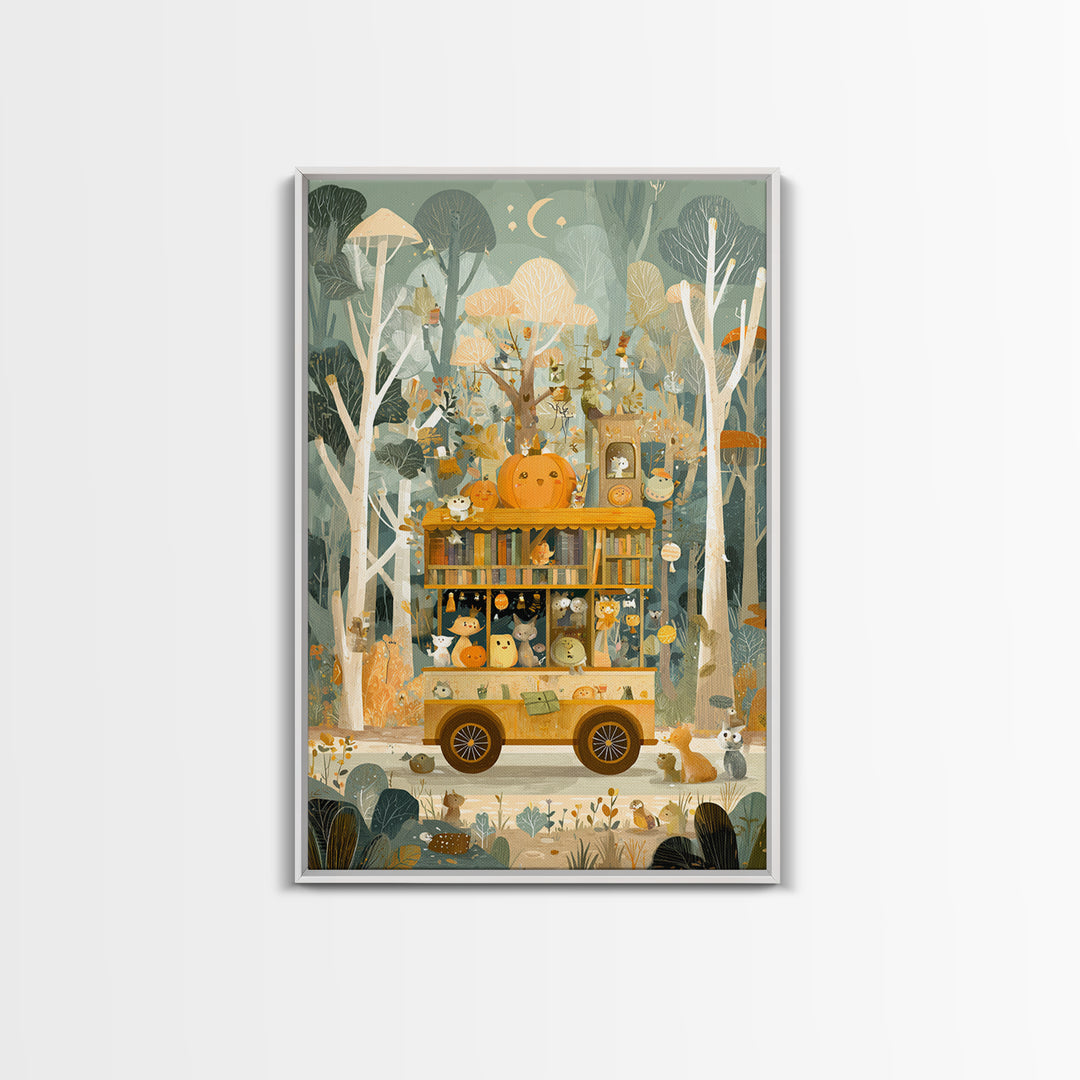 The Pumpkin Bookmobile, Retro Halloween Art, Vertical Wall Art, Canvas Print, Cute Halloween Wall Art