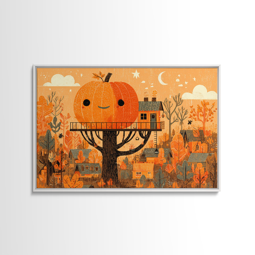 The Pumpkin Treehouse, Screenprint Halloween Art, Landscape Wall Art, Framed Canvas Print, Cute Halloween Wall Art