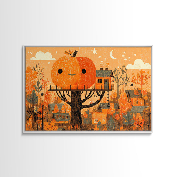 The Pumpkin Treehouse, Screenprint Halloween Art, Landscape Wall Art, Framed Canvas Print, Cute Halloween Wall Art