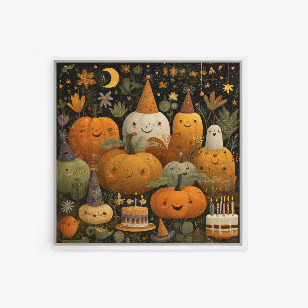 The Great Pumpkin Birthday Party, Folk Halloween Art, Square Wall Art, Canvas Print, Cute Halloween Wall Art