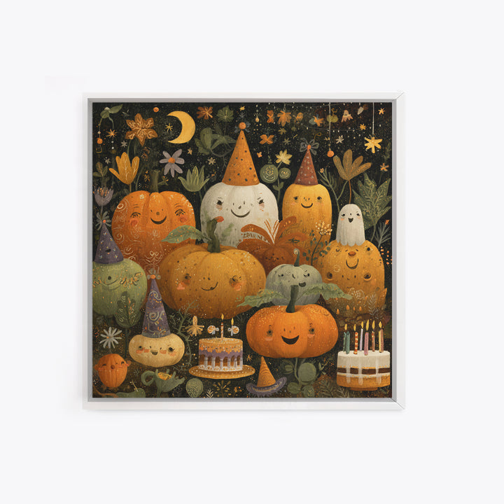 The Great Pumpkin Birthday Party, Folk Halloween Art, Square Wall Art, Canvas Print, Cute Halloween Wall Art