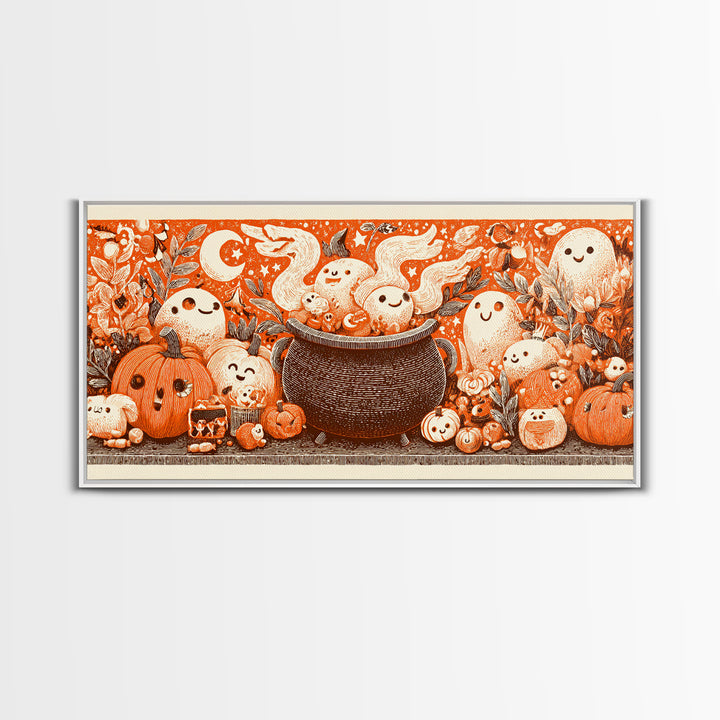 The Cookie Cauldron, Linocut Halloween Art, Wide Panoramic Art, Framed Canvas Print, Cute Halloween Wall Art