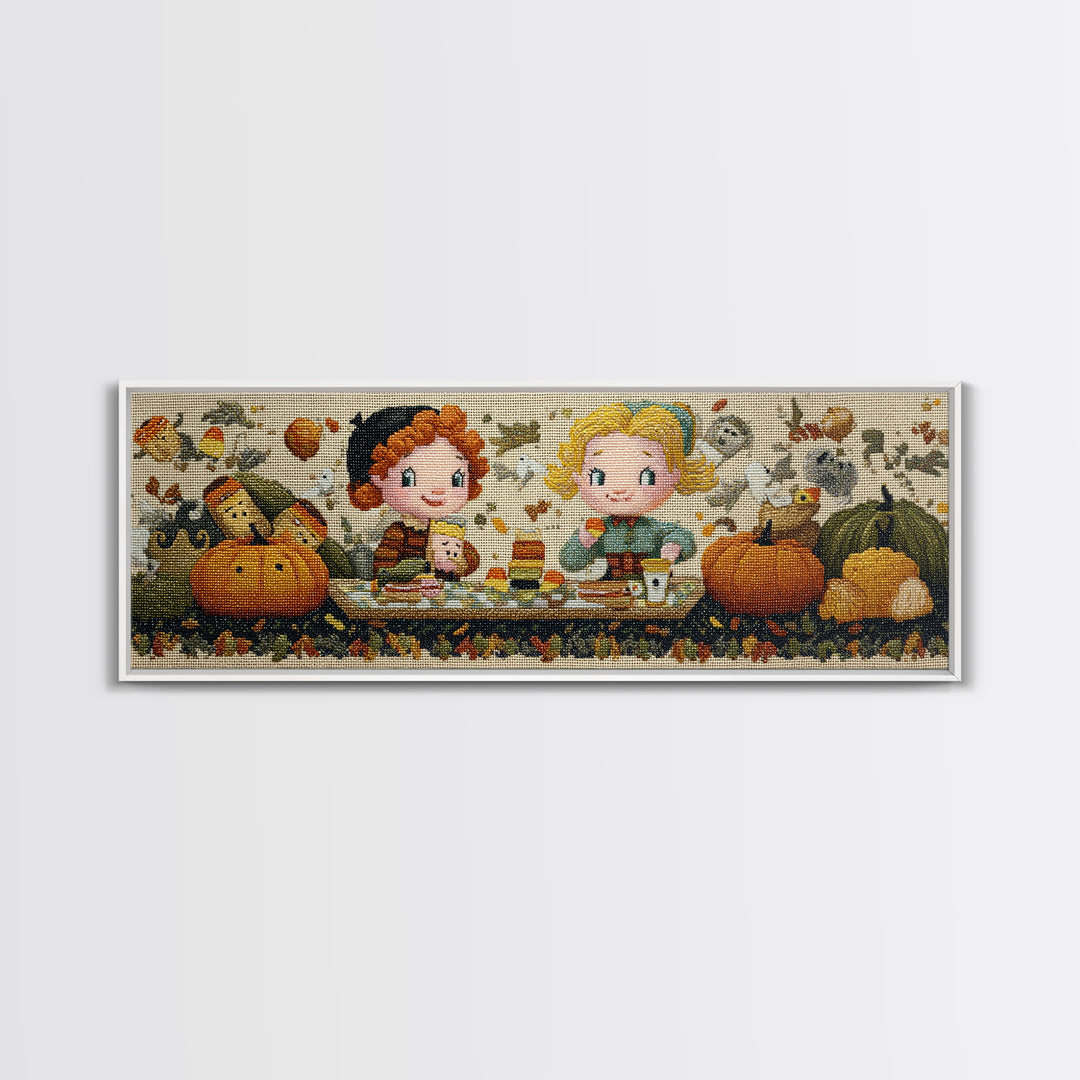 The Candy Corn Picnic, Embroidered Halloween Art, Extra Wide Wall Art, Canvas Print, Cute Halloween Wall Art
