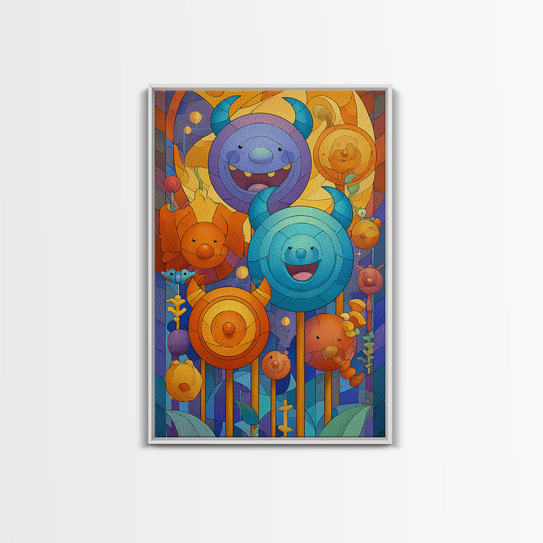 The Friendly Lollipop Monsters, Stained Glass Halloween, Vertical Wall Art, Canvas Print, Cute Halloween Wall Art