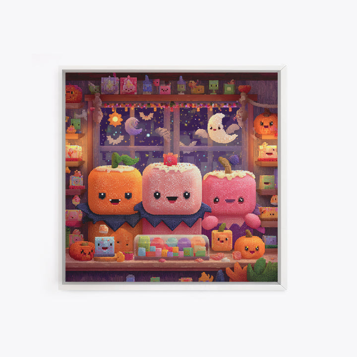 The Donut Vampire Family, Pixel Halloween Art, Square Wall Art, Canvas Print, Cute Halloween Wall Art