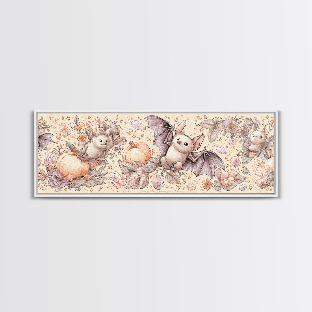The Gummy Bat Garden, Hand Sketch Halloween Art, Extra Wide Wall Art, Canvas Print, Cute Halloween Wall Art