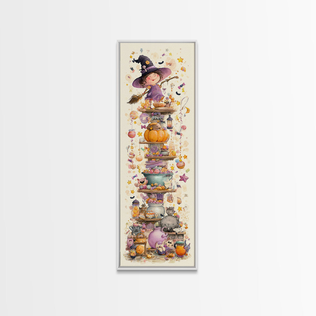 The Candy Witch'S Kitchen, Watercolor Halloween Art, Tall Narrow Wall Art, Framed Canvas Print, Cute Halloween Wall Art