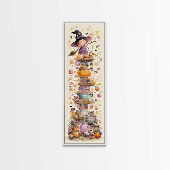 The Candy Witch'S Kitchen, Watercolor Halloween Art, Tall Narrow Wall Art, Framed Canvas Print, Cute Halloween Wall Art