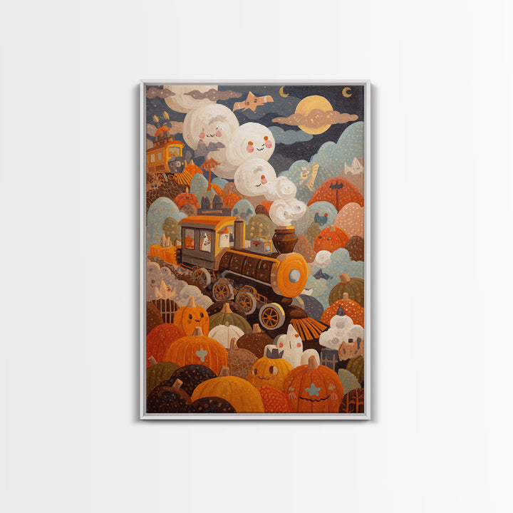 The Chocolate Pumpkin Train, Gouache Halloween Art, Vertical Wall Art, Canvas Print, Cute Halloween Wall Art