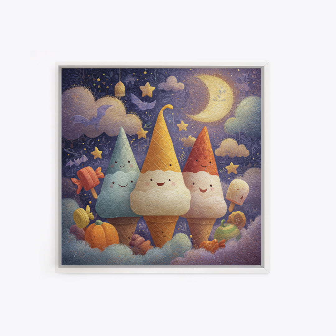 The Ice-Cream Ghost Parade, Pastel Halloween Art, Square Wall Art, Canvas Print, Cute Halloween Wall Art
