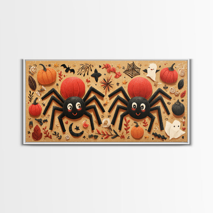 The Licorice Spider Family, Paper Collage Halloween, Wide Panoramic Art, Framed Canvas Print, Cute Halloween Wall Art