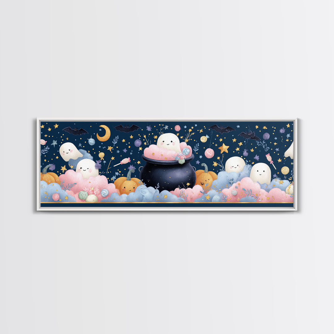 The Cotton-Candy Cauldron, Felt Halloween Art, Extra Wide Wall Art, Canvas Print, Cute Halloween Wall Art