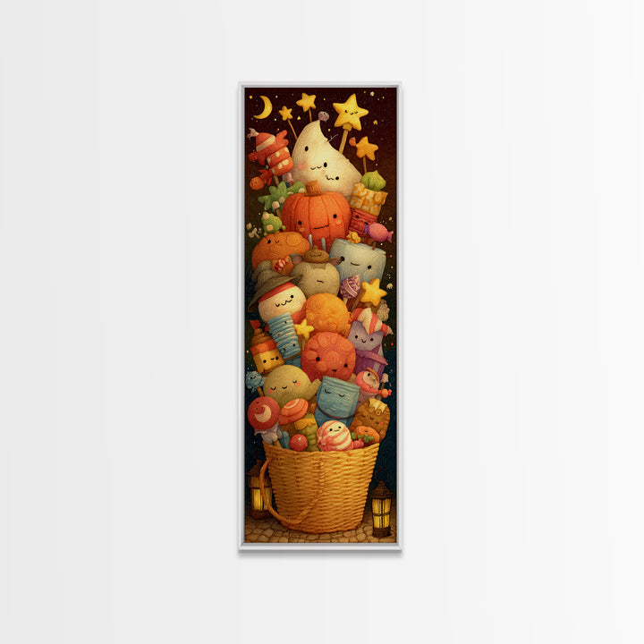 The Candy Basket Sleepover, Clay Halloween Art, Tall Narrow Wall Art, Framed Canvas Print, Cute Halloween Wall Art