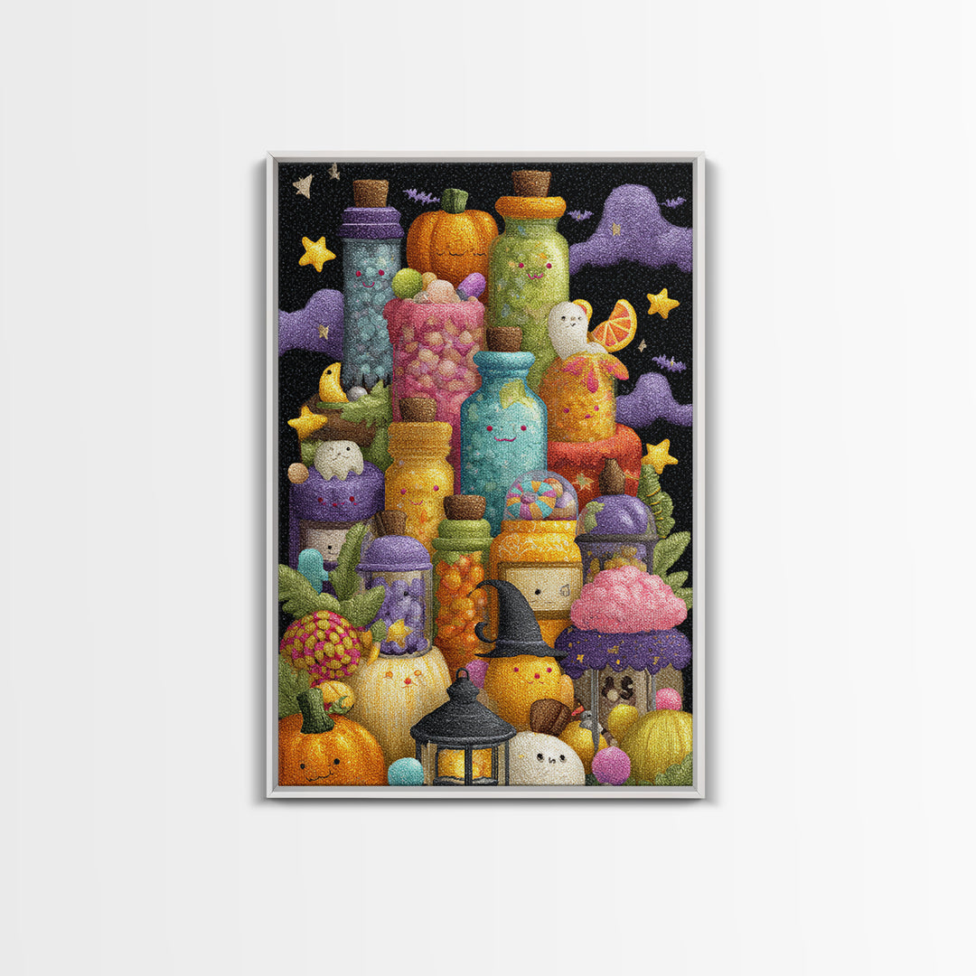 The Jellybean Potion Shop, Plush Halloween Art, Vertical Wall Art, Canvas Print, Cute Halloween Wall Art