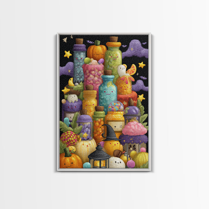 The Jellybean Potion Shop, Plush Halloween Art, Vertical Wall Art, Canvas Print, Cute Halloween Wall Art