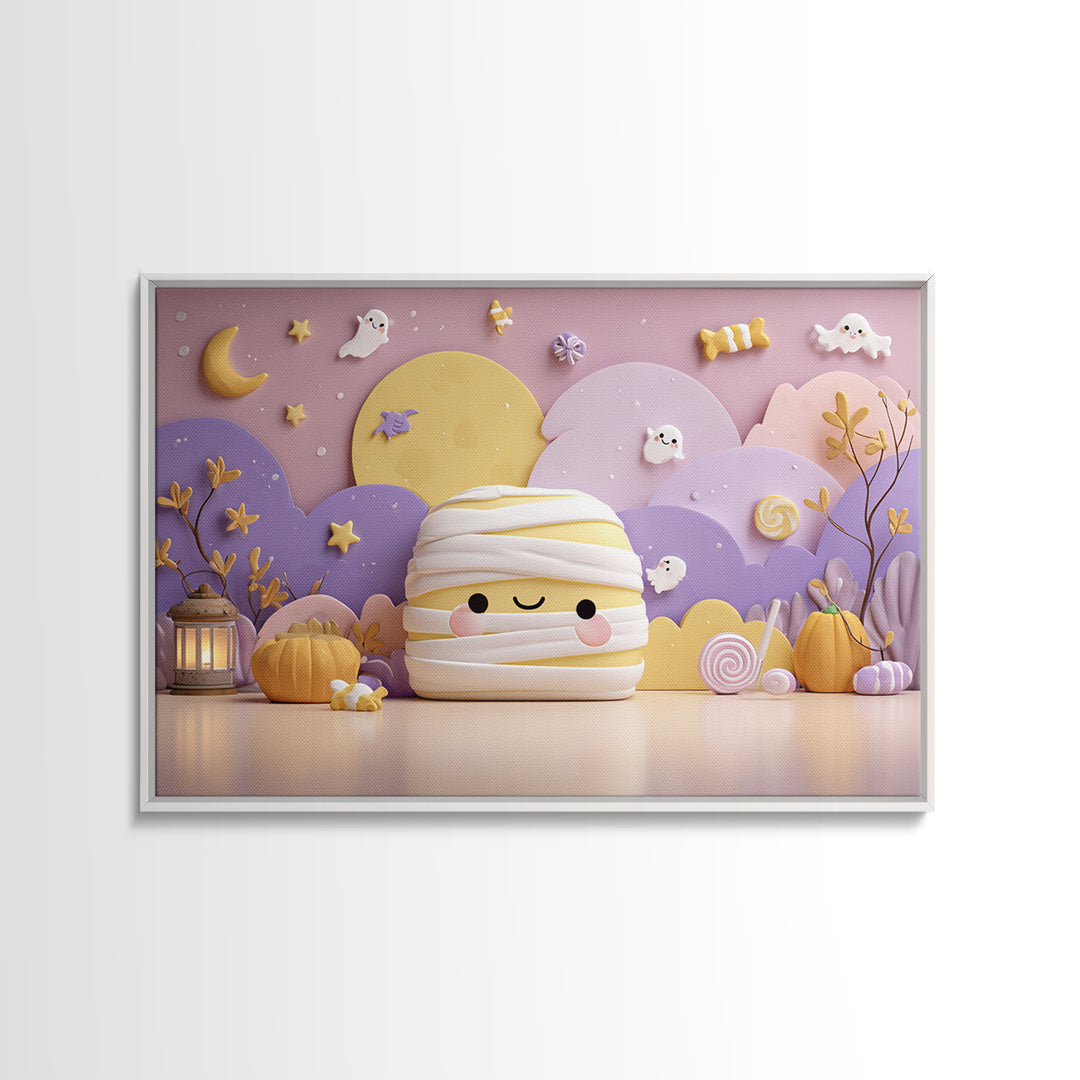 The Popcorn Mummy, Kawaii Halloween Art, Landscape Wall Art, Framed Canvas Print, Cute Halloween Wall Art
