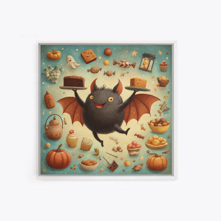 The Brownie Bat Bakery, Retro Halloween Art, Square Wall Art, Canvas Print, Cute Halloween Wall Art, Halloween Kids Decor