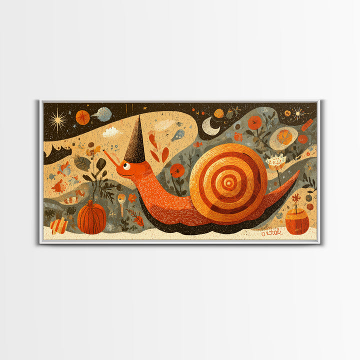 The Cinnamon-Roll Snail Witch, Screenprint Halloween Art, Wide Panoramic Art, Framed Canvas Print, Cute Halloween Wall Art