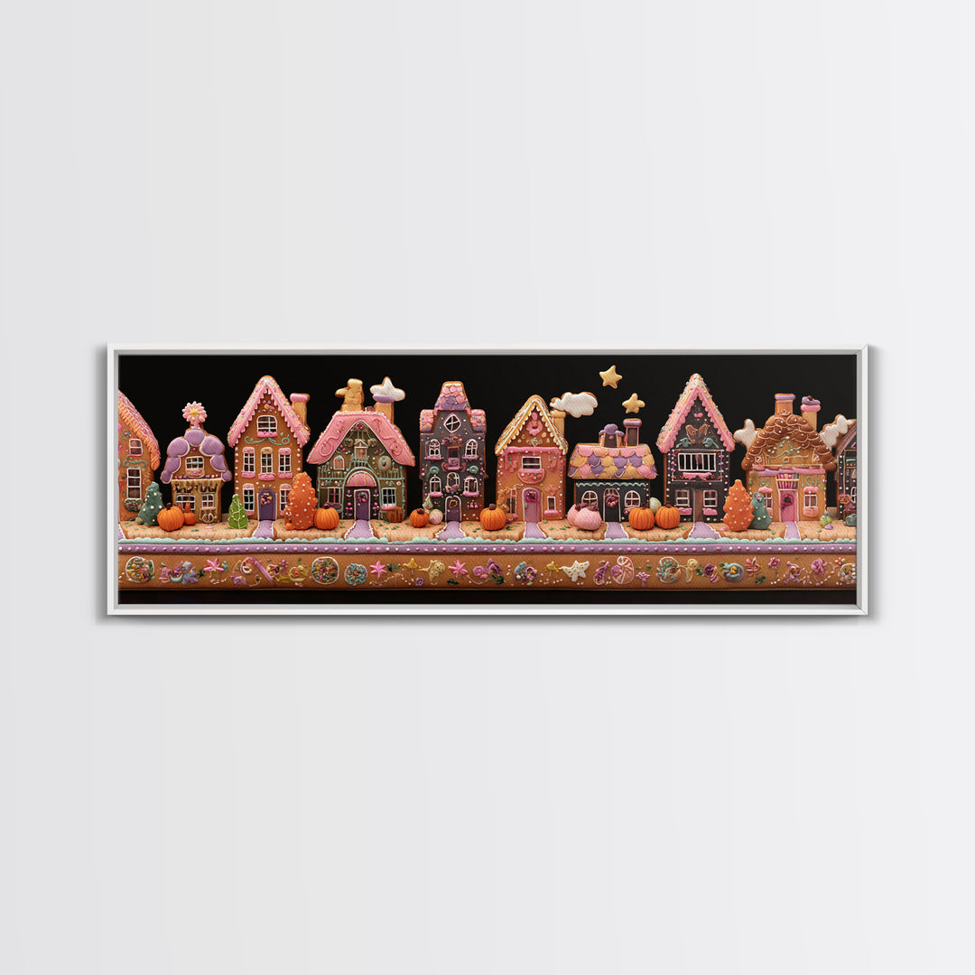 The Halloween Gingerbread Village, Folk Halloween Art, Extra Wide Wall Art, Canvas Print, Cute Halloween Wall Art