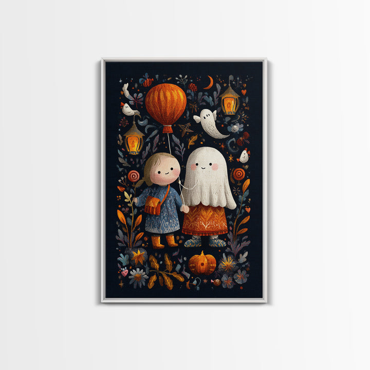 The Ghost Balloon Friend, Embroidered Halloween Art, Vertical Wall Art, Canvas Print, Cute Halloween Wall Art