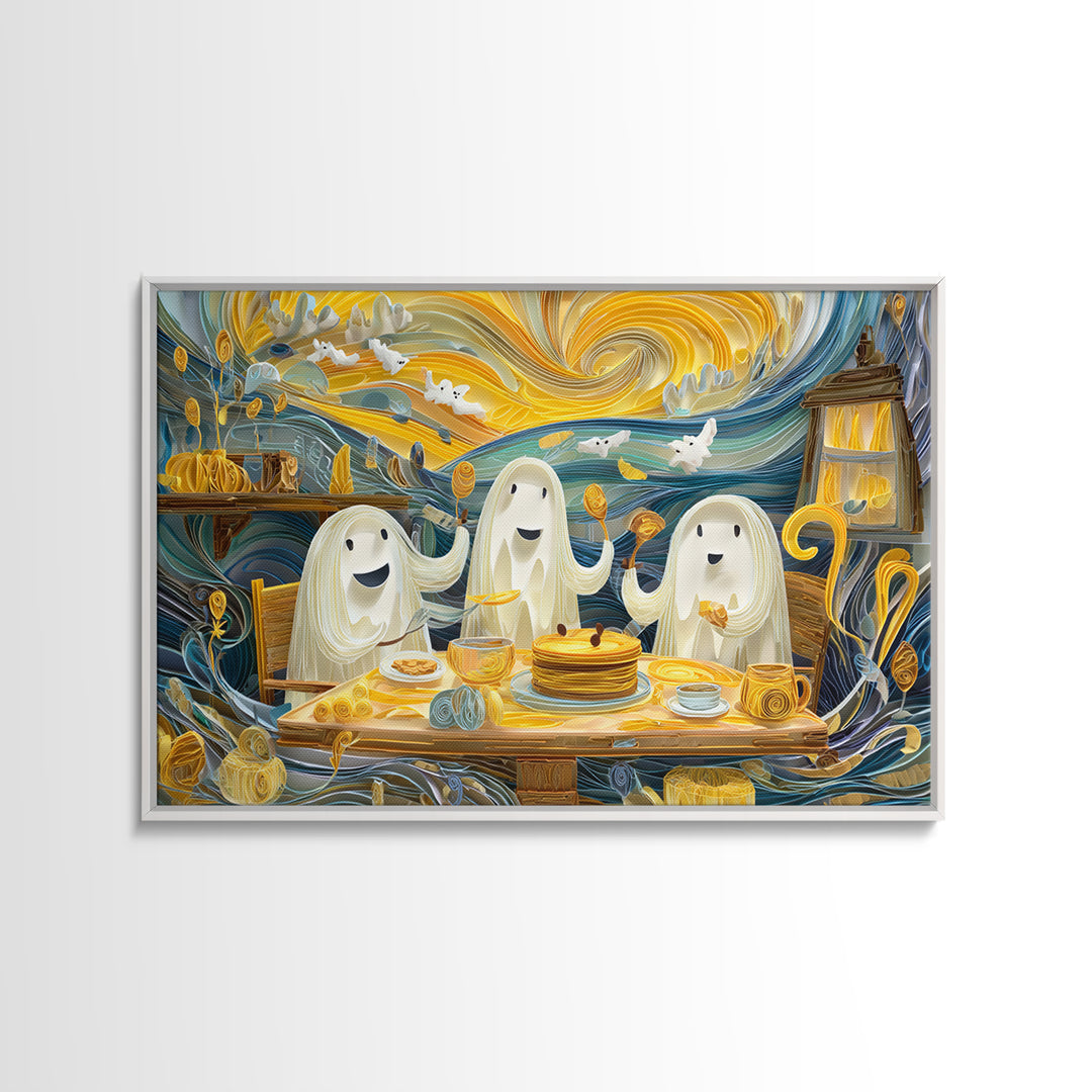 The Ghost Family Breakfast, Quilled Halloween Art, Landscape Wall Art, Framed Canvas Print, Cute Halloween Wall Art
