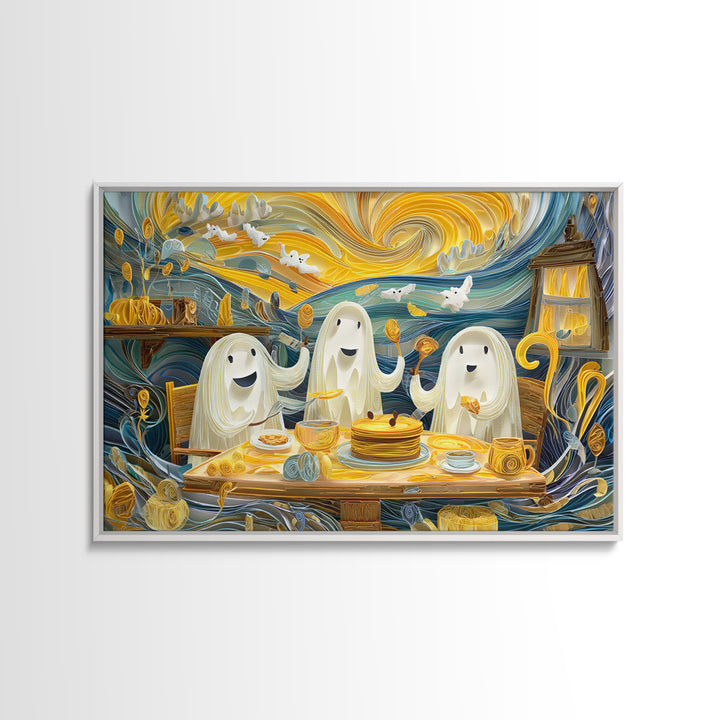 The Ghost Family Breakfast, Quilled Halloween Art, Landscape Wall Art, Framed Canvas Print, Cute Halloween Wall Art