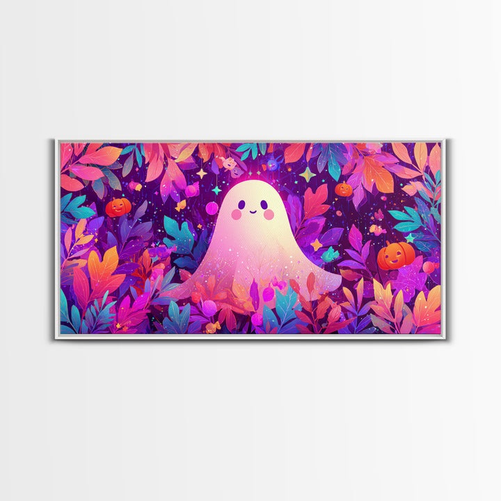 The Ghost With A Flower Crown, Vaporwave Halloween Art, Wide Panoramic Art, Framed Canvas Print, Cute Halloween Wall Art