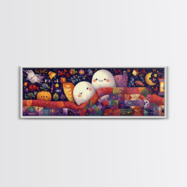 The Sleepy Blanket Ghost, Pixel Halloween Art, Extra Wide Wall Art, Canvas Print, Cute Halloween Wall Art