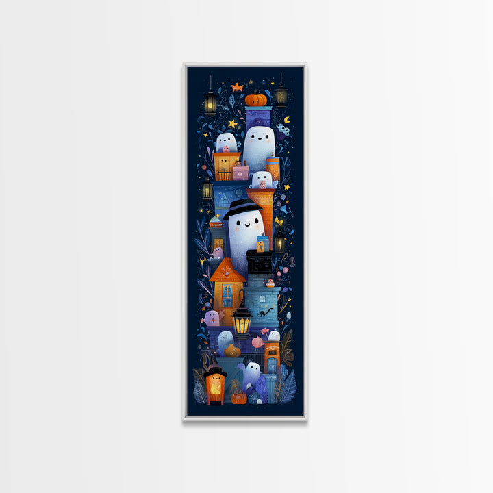 The Ghost Mail Carrier, Vector Halloween Art, Tall Narrow Wall Art, Framed Canvas Print, Cute Halloween Wall Art