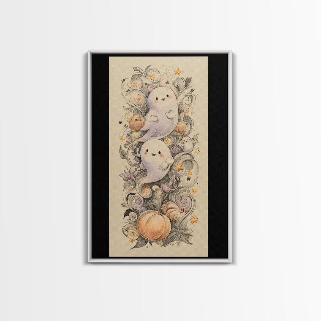 The Ghost And Firefly Friends, Hand Sketch Halloween Art, Vertical Wall Art, Canvas Print, Cute Halloween Wall Art