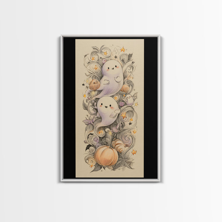 The Ghost And Firefly Friends, Hand Sketch Halloween Art, Vertical Wall Art, Canvas Print, Cute Halloween Wall Art