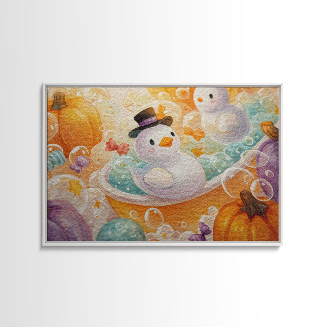 The Ghost Bubble Bath, Watercolor Halloween Art, Landscape Wall Art, Framed Canvas Print, Cute Halloween Wall Art