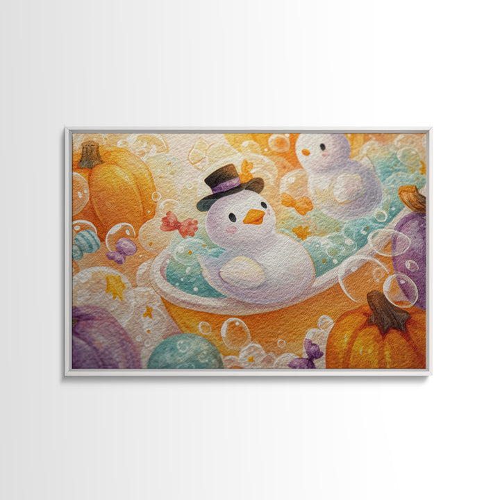 The Ghost Bubble Bath, Watercolor Halloween Art, Landscape Wall Art, Framed Canvas Print, Cute Halloween Wall Art