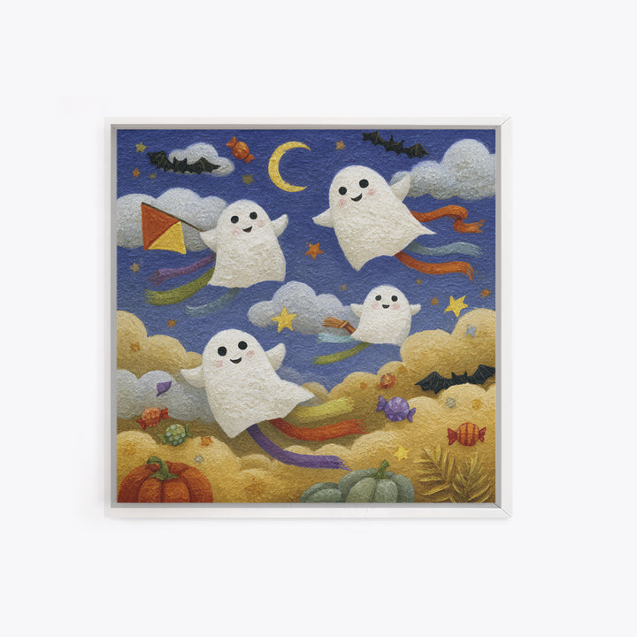 The Ghost Kite Festival, Gouache Halloween Art, Square Wall Art, Canvas Print, Cute Halloween Wall Art