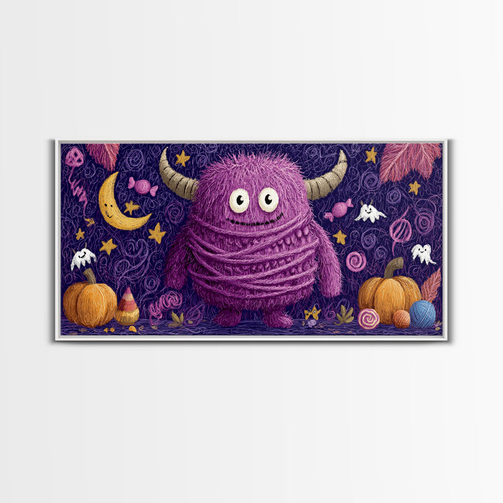 The Fuzzy Purple Monster, Crayon Halloween Art, Wide Panoramic Art, Framed Canvas Print, Cute Halloween Wall Art