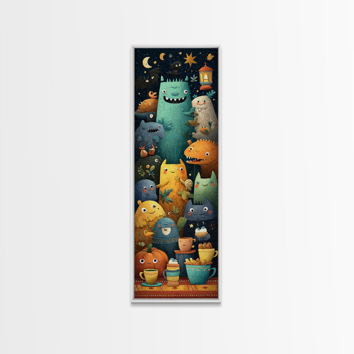 The Monster Under The Bed Tea Party, Paper Collage Halloween, Tall Narrow Wall Art, Framed Canvas Print, Cute Halloween Wall Art