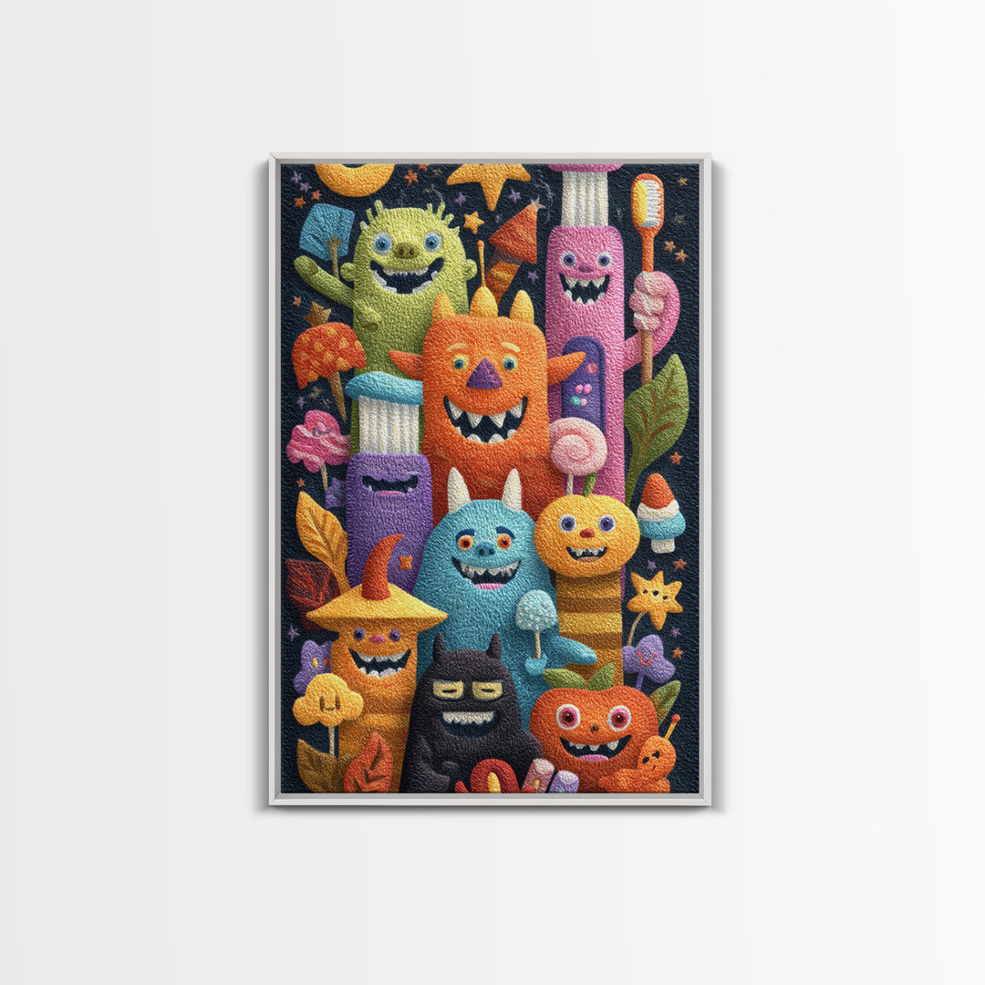 The Monster Toothbrush Club, Felt Halloween Art, Vertical Wall Art, Canvas Print, Cute Halloween Wall Art