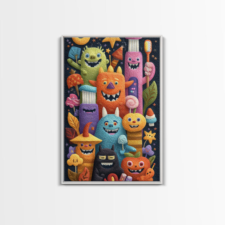 The Monster Toothbrush Club, Felt Halloween Art, Vertical Wall Art, Canvas Print, Cute Halloween Wall Art