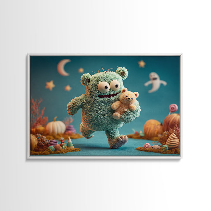 The Three-Eyed Teddy Monster, Clay Halloween Art, Landscape Wall Art, Framed Canvas Print, Cute Halloween Wall Art