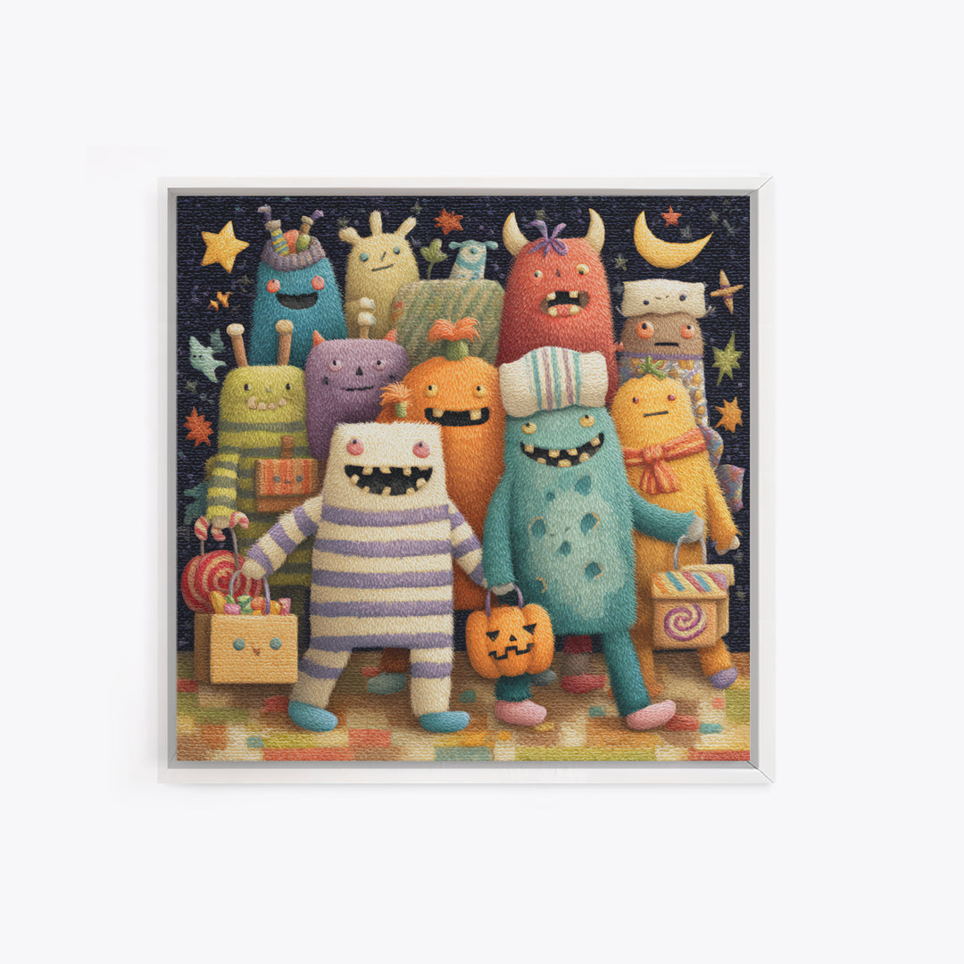 The Monster Pajama Parade, Plush Halloween Art, Square Wall Art, Canvas Print, Cute Halloween Wall Art