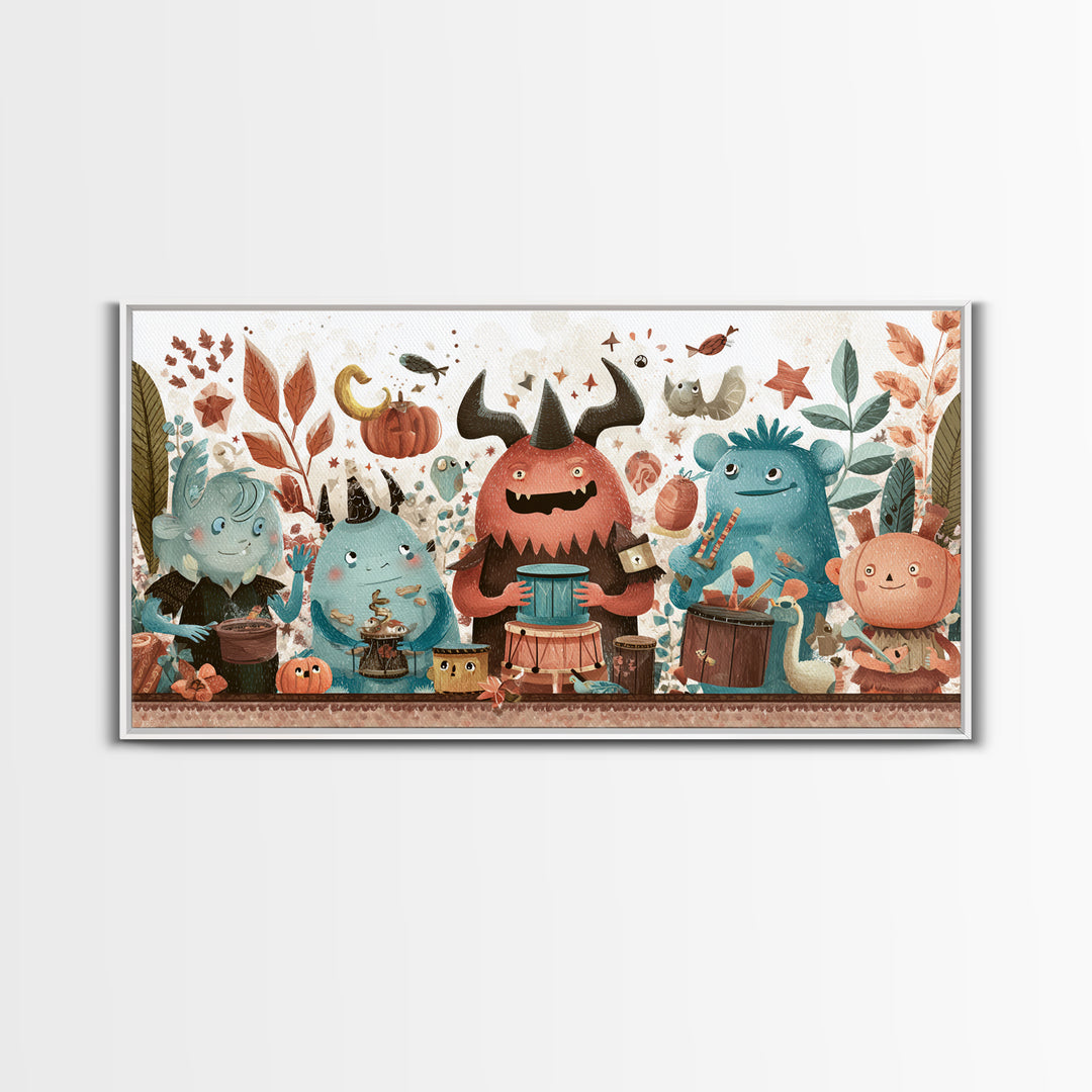 The Little Monster Orchestra, Kawaii Halloween Art, Wide Panoramic Art, Framed Canvas Print, Cute Halloween Wall Art